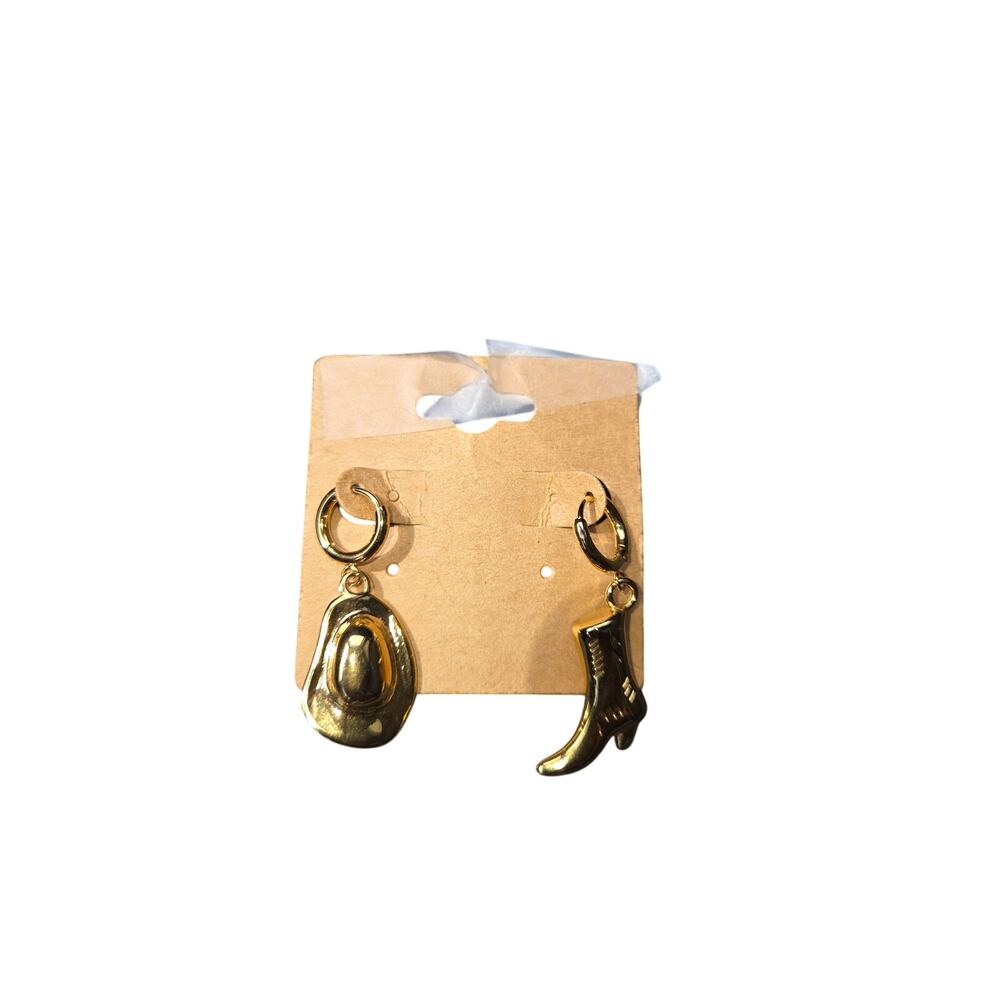Gold Toned Earnings Boot Hat Cowgirl Country Rodeo